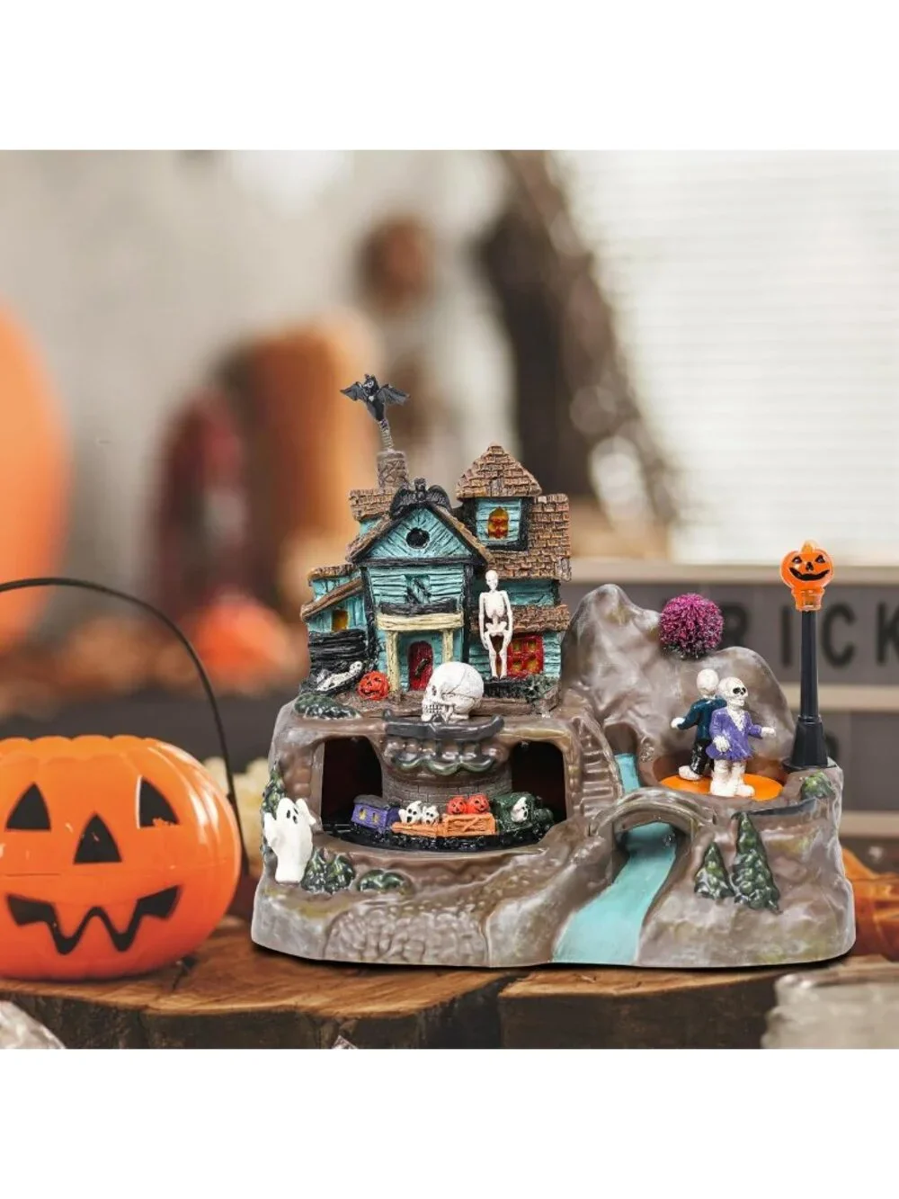 Lighted Haunted House Decor with Animated Train, Skull, Ghost & Pumpkin